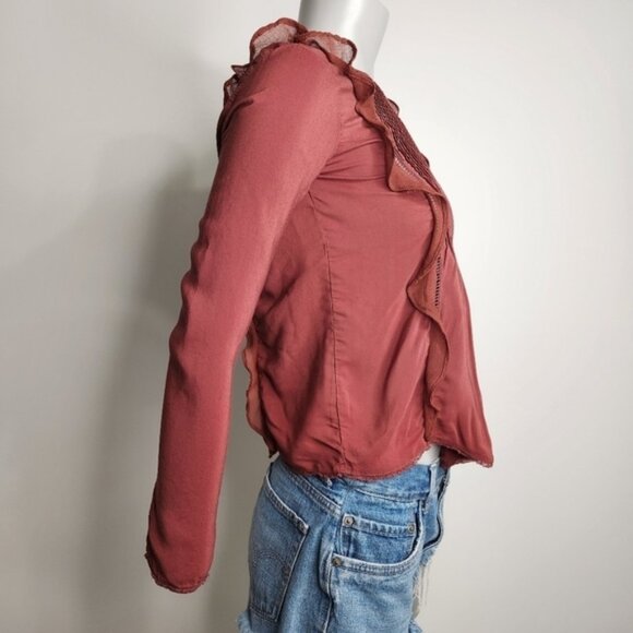 Aritzia Wilfred Brown Satin Long Sleeve Ruffle Bodice Peplum Top Size XXS - Picture 6 of 13